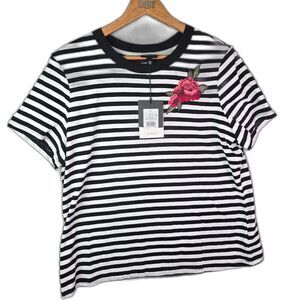 Who What Wear Tee Black White XXL Stripe Embroidered Rose Boho Cotton